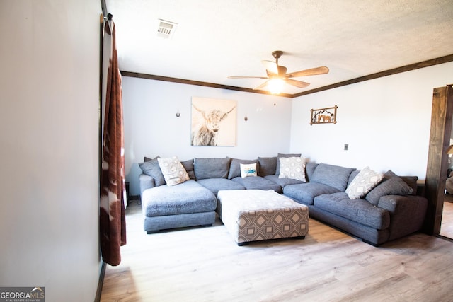 living room with crown molding, light hardwood / wood-style floors, ceiling fan, and a textured ceiling