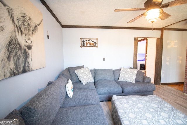 living room featuring crown molding, ceiling fan, and hardwood / wood-style floors