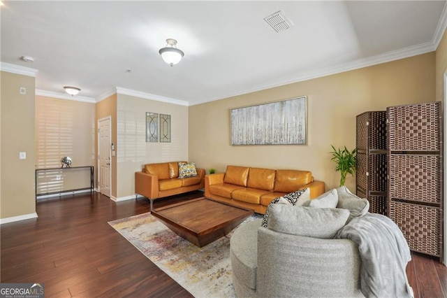 living room featuring ornamental molding and dark hardwood / wood-style flooring