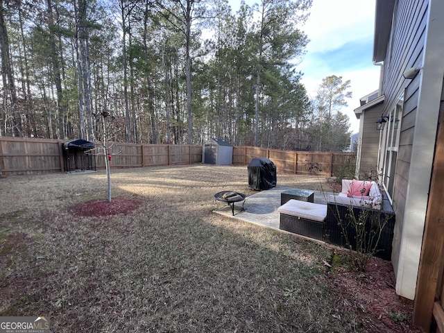 view of yard with a patio area and a storage shed