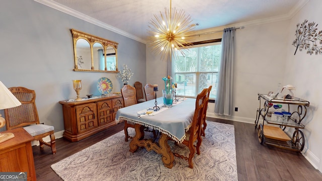 dining space featuring ornamental molding, dark hardwood / wood-style floors, and a chandelier