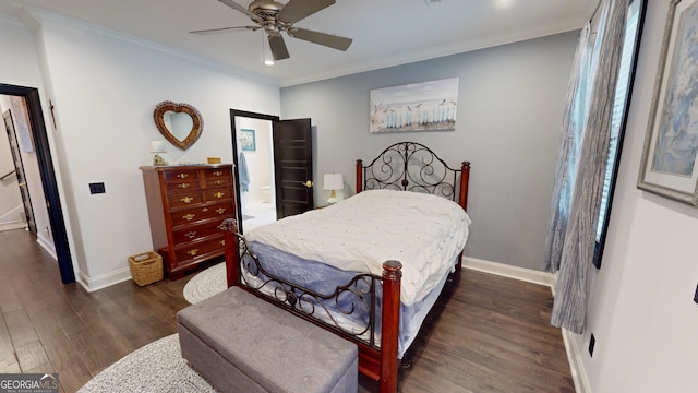 bedroom with ornamental molding, dark wood-type flooring, and ceiling fan