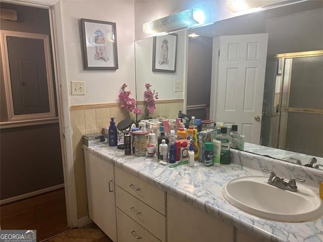 bathroom featuring vanity and electric panel