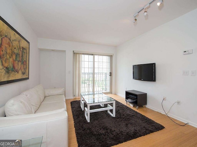 living room featuring wood-type flooring and rail lighting