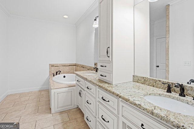 full bath featuring double vanity, crown molding, a garden tub, and a sink