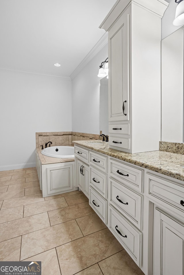 bathroom featuring tile patterned flooring, double vanity, ornamental molding, a bath, and a sink