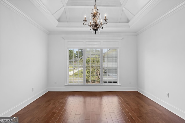 unfurnished dining area featuring an inviting chandelier, dark wood-style floors, baseboards, and ornamental molding