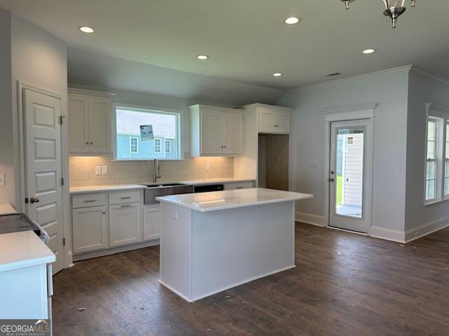 kitchen with white cabinetry, dark hardwood / wood-style floors, a kitchen island, and backsplash