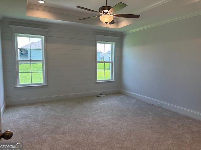 carpeted empty room with a raised ceiling, ornamental molding, and ceiling fan