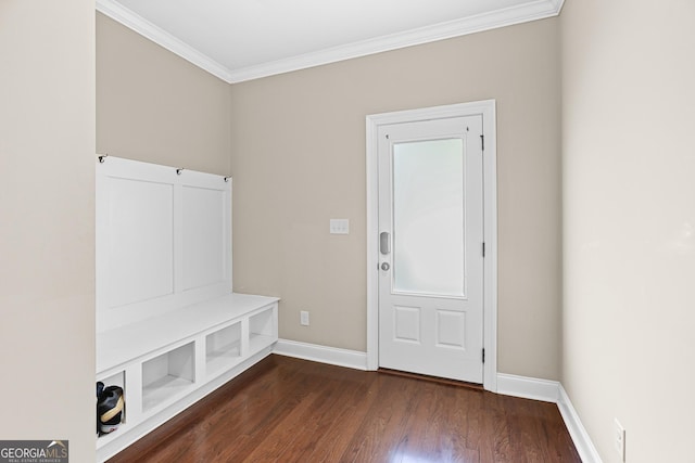 mudroom featuring ornamental molding and dark hardwood / wood-style floors