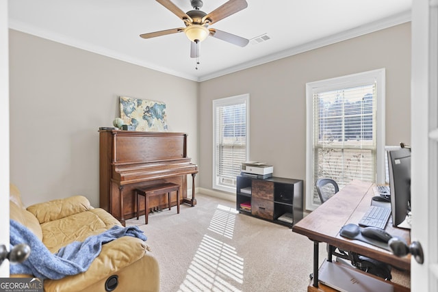 office featuring ornamental molding, light carpet, and ceiling fan