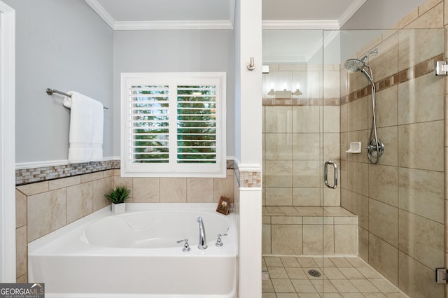 full bathroom featuring a shower stall, ornamental molding, and a bath