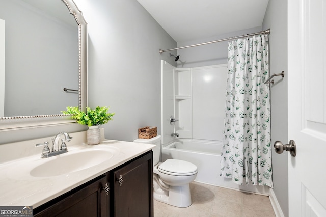 full bathroom with tile patterned flooring, shower / bathtub combination with curtain, toilet, and vanity