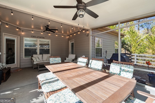 exterior space with ceiling fan, a grill, fence, outdoor dining area, and an outdoor living space