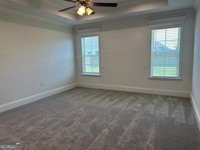 carpeted spare room with crown molding, ceiling fan, and a raised ceiling