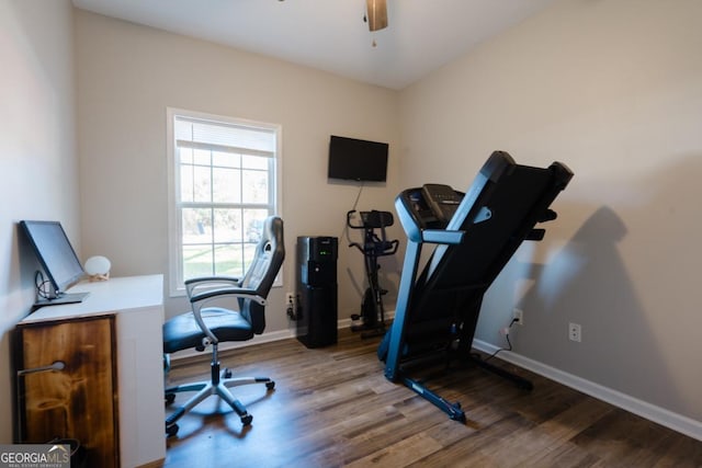 office area with hardwood / wood-style floors and ceiling fan