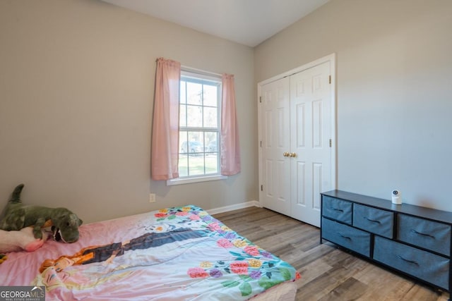 bedroom featuring light hardwood / wood-style floors and a closet