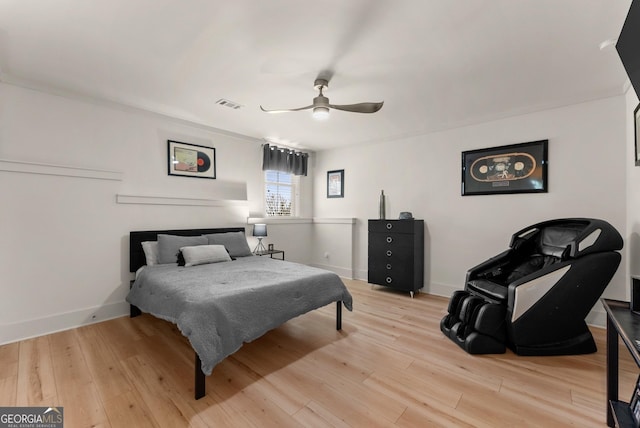 bedroom featuring ceiling fan and light wood-type flooring