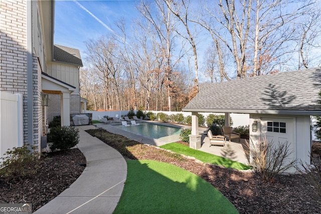 view of yard with a fenced in pool, an outdoor hangout area, and a patio