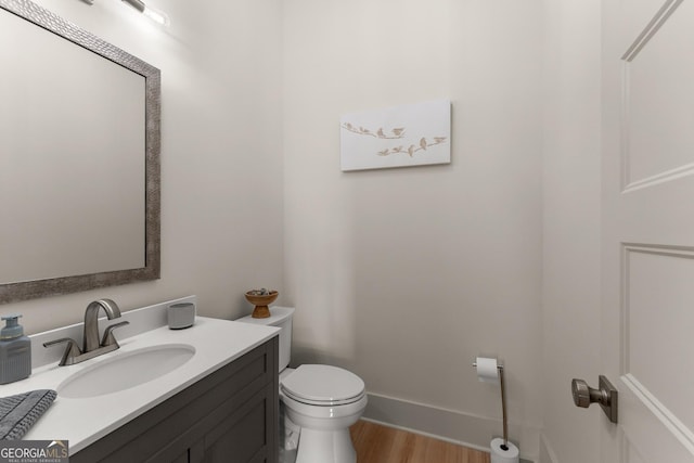 bathroom with vanity, wood-type flooring, and toilet