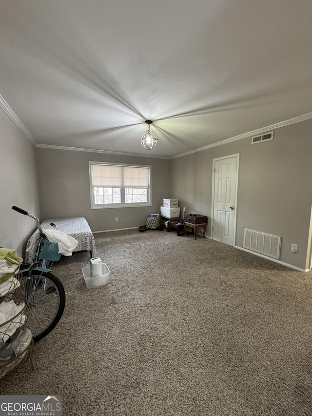 unfurnished bedroom with crown molding and carpet floors