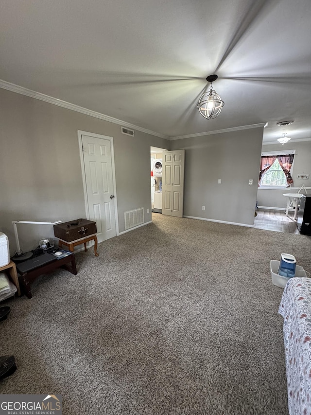 carpeted living room with ornamental molding