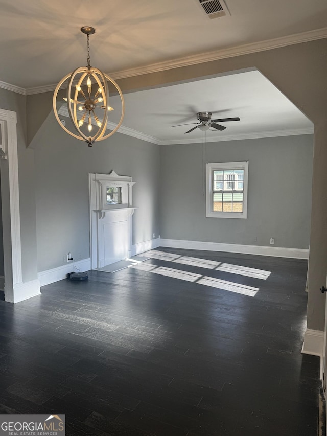 unfurnished room with crown molding, dark hardwood / wood-style flooring, and ceiling fan with notable chandelier