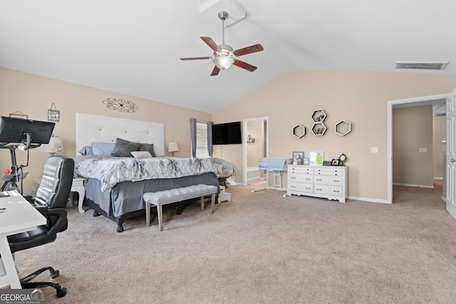 bedroom with lofted ceiling, carpet floors, and ceiling fan