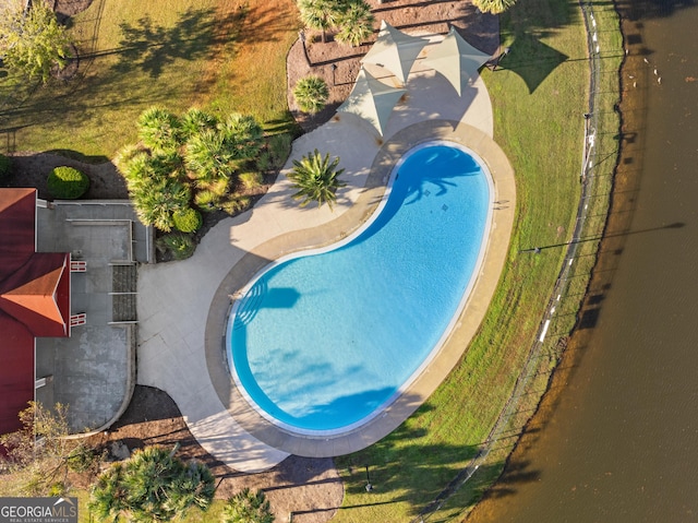 view of swimming pool featuring a yard