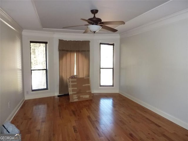 empty room featuring crown molding, ceiling fan, dark hardwood / wood-style floors, and a raised ceiling