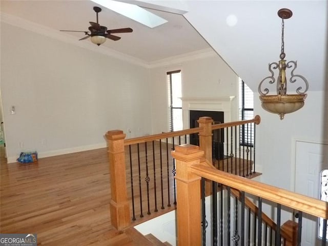 hall with crown molding, wood-type flooring, and a skylight