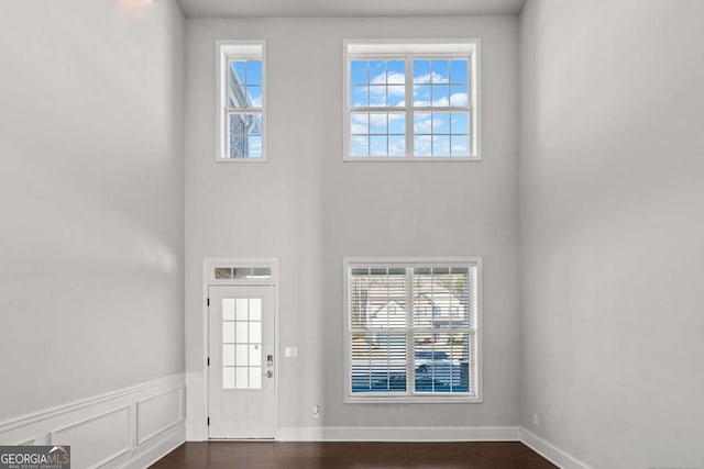 entryway with dark wood-type flooring and a towering ceiling