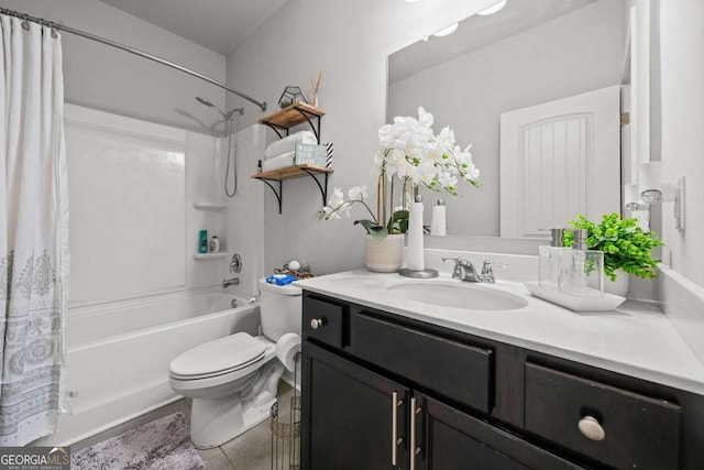 full bathroom featuring shower / tub combo with curtain, vanity, toilet, and tile patterned floors