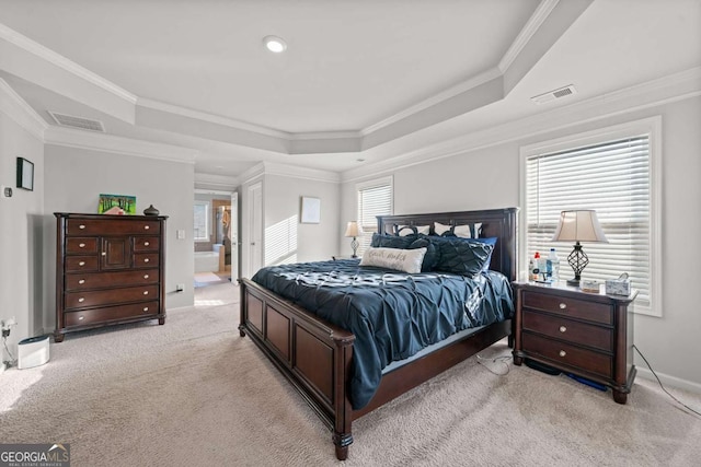 carpeted bedroom featuring ensuite bath, ornamental molding, and a raised ceiling