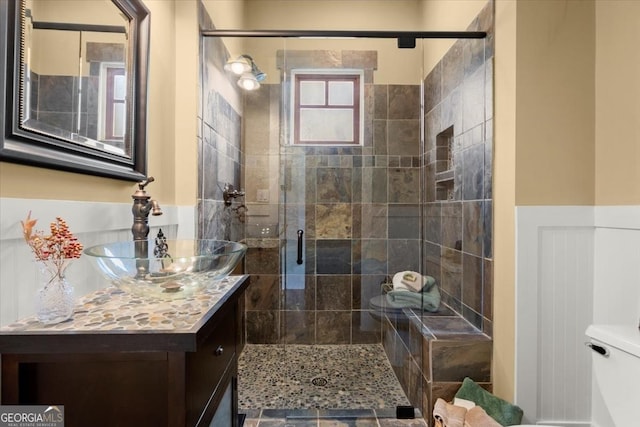 bathroom featuring vanity, an enclosed shower, and toilet