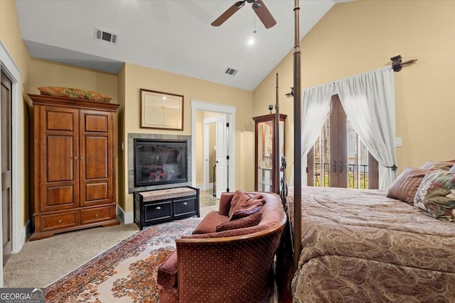 carpeted bedroom with french doors, ceiling fan, high vaulted ceiling, and access to outside