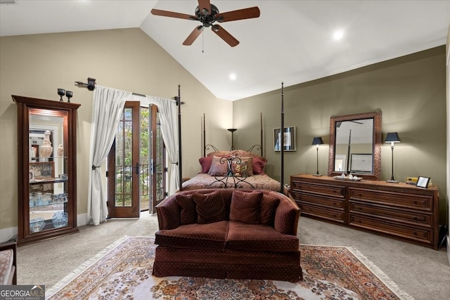 bedroom featuring light carpet, access to exterior, high vaulted ceiling, and ceiling fan