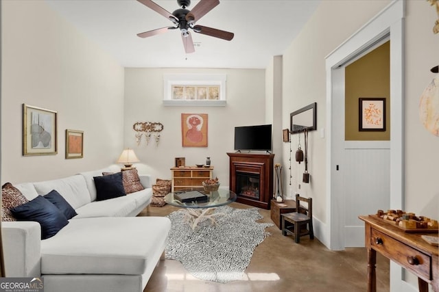 living room featuring ceiling fan