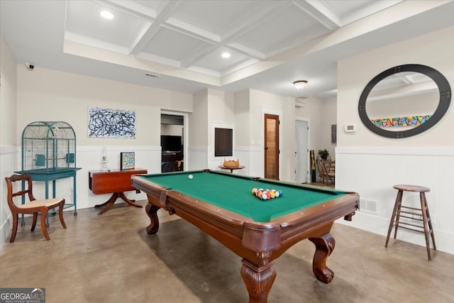 playroom with coffered ceiling, pool table, concrete flooring, and beamed ceiling