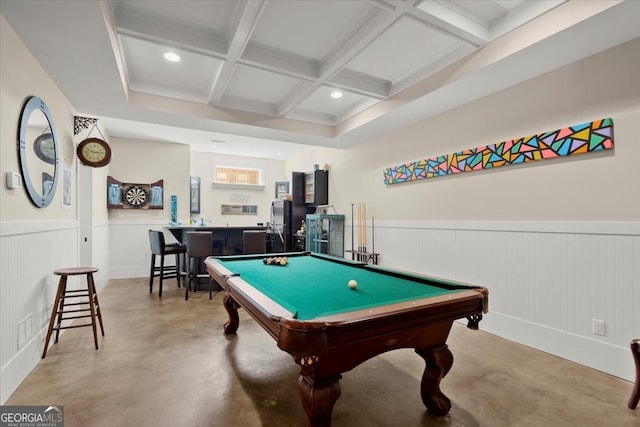 playroom featuring bar, coffered ceiling, beamed ceiling, and billiards