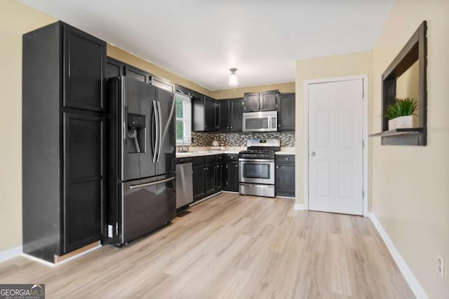 kitchen with appliances with stainless steel finishes, sink, decorative backsplash, and light hardwood / wood-style flooring