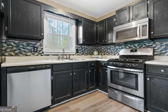 kitchen with stainless steel appliances, sink, decorative backsplash, and light hardwood / wood-style flooring