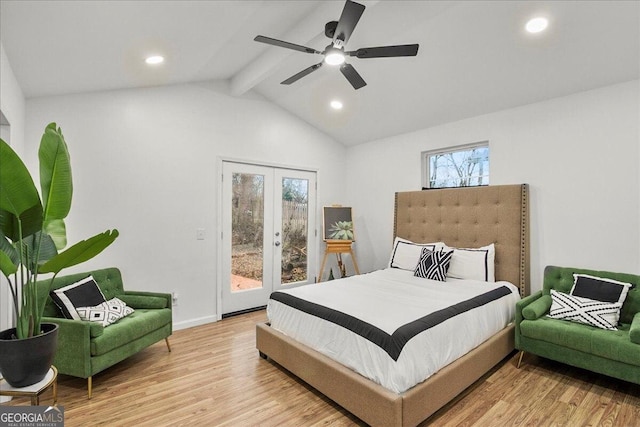 bedroom featuring lofted ceiling with beams, access to outside, ceiling fan, and light hardwood / wood-style flooring