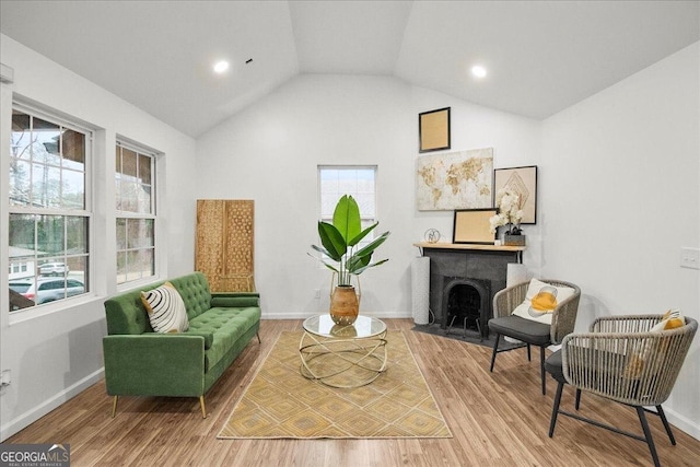 sitting room featuring lofted ceiling, hardwood / wood-style flooring, and a healthy amount of sunlight