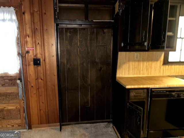 kitchen with wooden walls and dishwasher