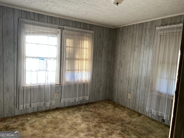 carpeted empty room featuring ornamental molding and a textured ceiling