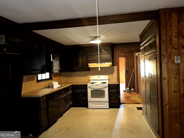 kitchen with white electric range, sink, wooden walls, dishwasher, and beamed ceiling