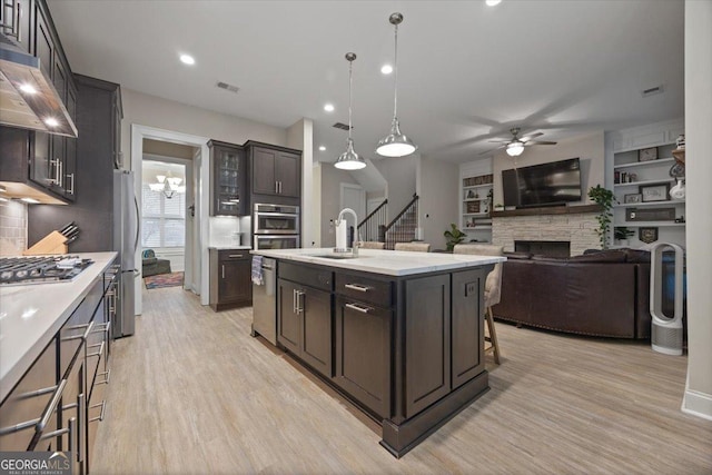 kitchen with dark brown cabinets, light hardwood / wood-style flooring, an island with sink, stainless steel appliances, and a fireplace