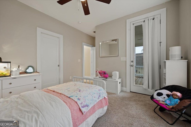 bedroom with light carpet, access to exterior, and ceiling fan