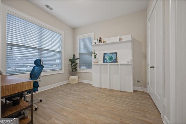 office area featuring light hardwood / wood-style floors